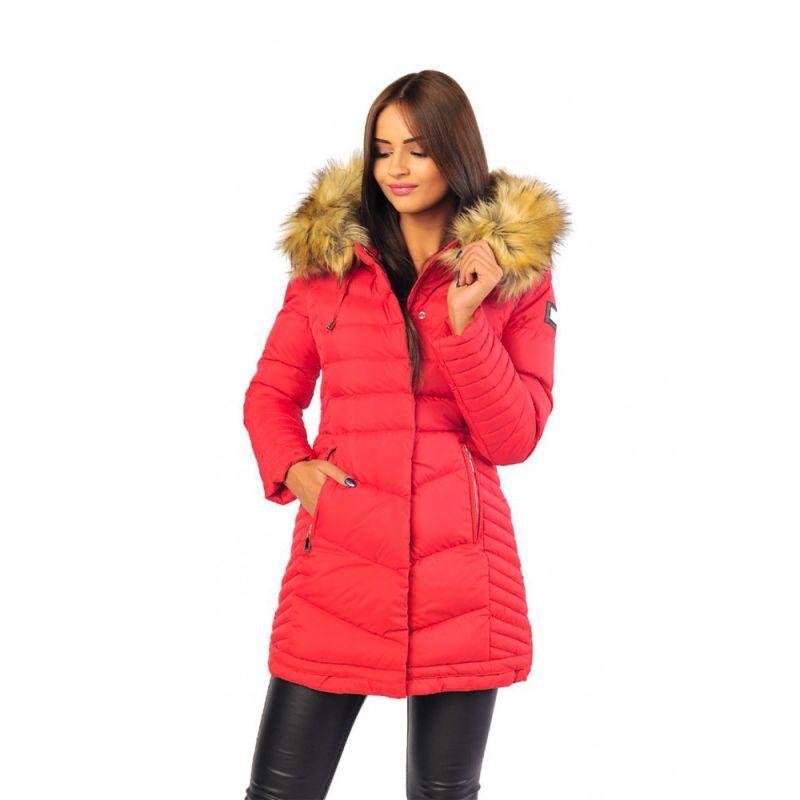 Dlouhá červená dámská zimní bunda s kapucí a kožešinou